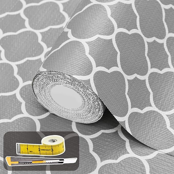 Shelf Liners for Kitchen Cabinets 12in x 30FT Non Adhesive Drawer Liner Gray Quatrefoil Thickened Shelf Liner Paper Strong Non-Slip Easy to Clean for Tool Box Refrigerator with Knife and Tape Measure