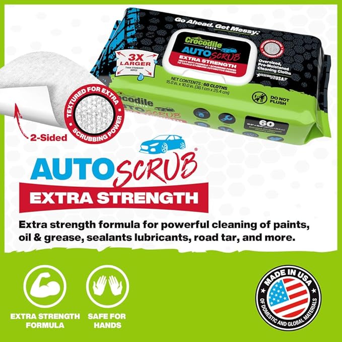 Crocodile Cloth AutoSCRUB Cleaning Wipes – 60-Count (15” x 10”) Cleaning Cloths Remove Oil, Grease, Paint, Tar, Brake Dust, Hydraulic Fluid, Silicone, Sealants & Road Grime from Tools & Hands