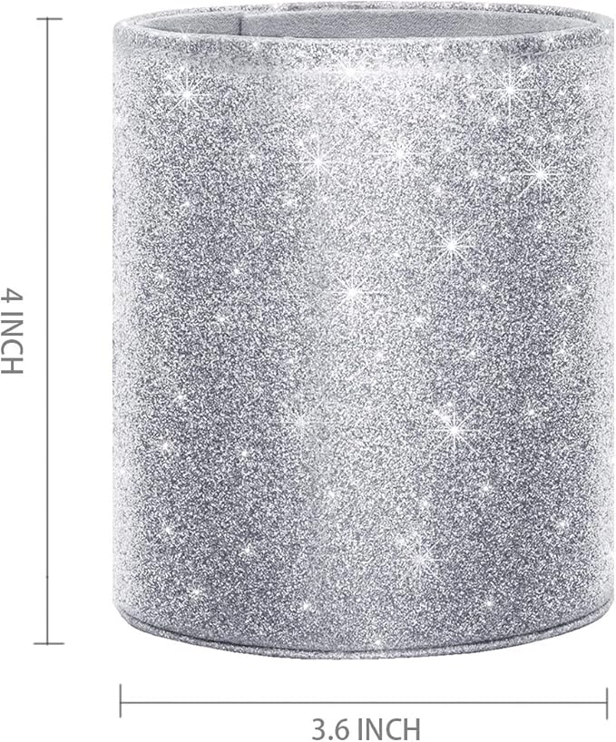 WAVEYU Glitter Pen Holder, Pencil Cup Desk Sparky Bling for Women Girls, Luxury Durable Makeup Brush Holder Large Pu Leather Multi-Functional Organizer Cup for Office, Classroom, Home, Silver