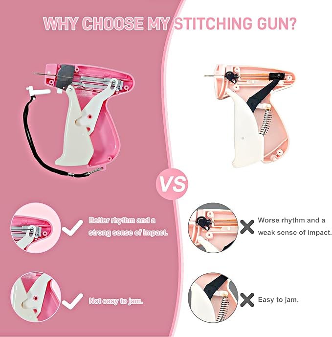 Stitch Gun for Clothes， Handheld Stitch Gun Quick Clothing Fixer，Sewing Kit Includes 1,000 Black Fasteners & 1,000 White Fasteners & 6 Needles (Pink-White)