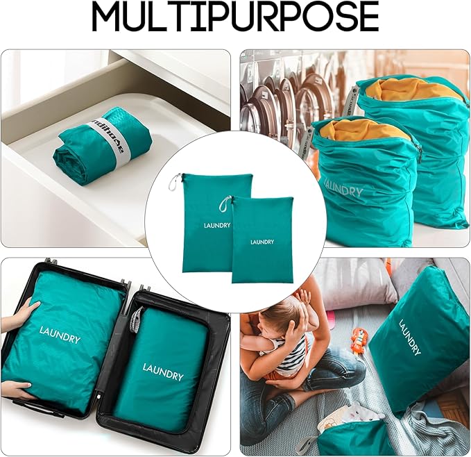 Travel Laundry Bag (2 Pcs - Large + Medium) - Foldable Waterproof Washable Wet Dry Bag for Gym, Swimming, Yoga, and Workout Perfect for Dirty Clothes, Bathing Suits, Travel Accessories (Blue)