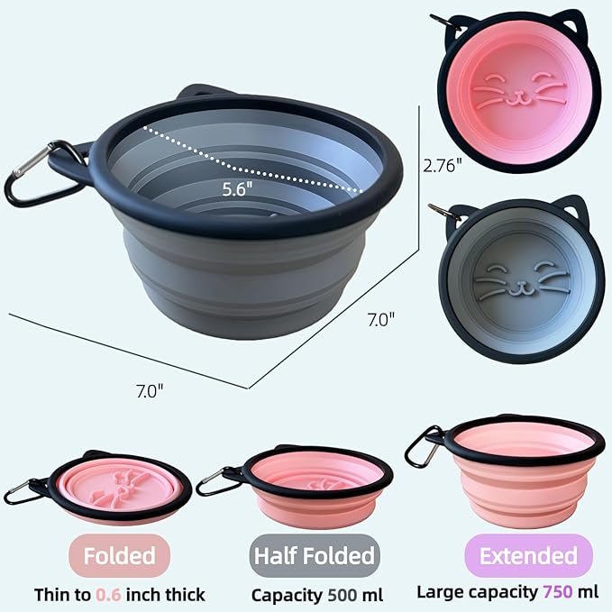 2 Pack Silicone Travel Dog Bowls, Slow Feeder Anti-Gulping, 25oz Collapsible Portable Water & Food Bowls for Medium & Large Dogs, Pet Camping Essentials (Pink/Gray)