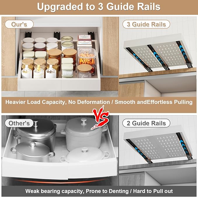 2Pc Pull out Cabinet Organizer,Width (11"-16") and Depth(13"-17"),Expandable With 3 Rails, Cabinet Roll out Drawers,Adjustable Slide out shelves for Kitchen and Pantry,for Cabinets Without Lip,White