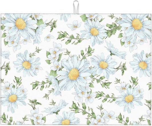 Watercolor Daisy White Dish Drying Mat for Kitchen Counter, Microfiber Absorbent Dish Draining Mat, Large Kitchen Drying Mat Heat Resistant Drying Pad for Dishes Utensils Countertops Sinks 18x24 Inch