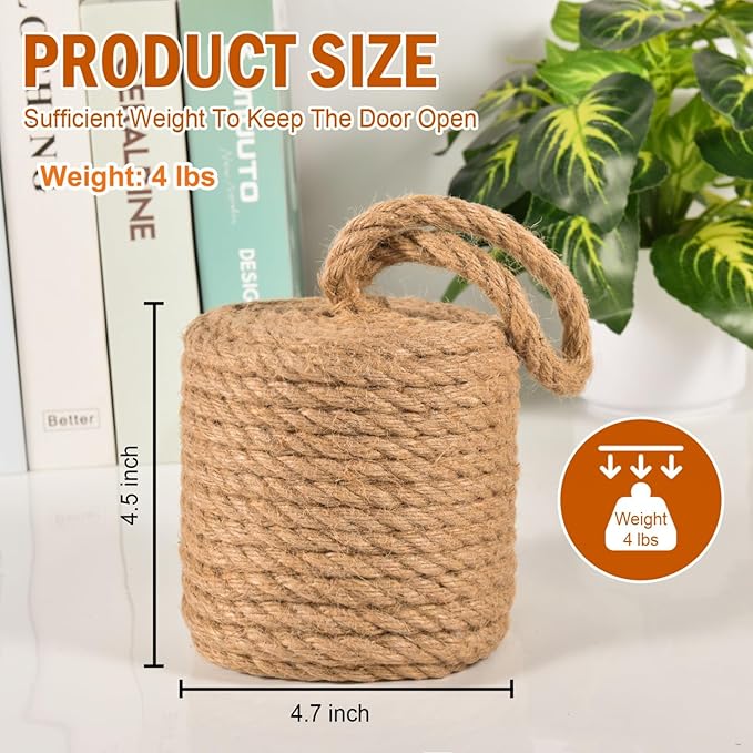 Decorative Door Stoppers for Bottom of Door4 lb Rope Knot Door Stop Weighted Doorstopper, Heavy Nautical Doorstop for Bedroom, Living Room, Window Wedge, Bookend, Cylindrical (Natural)