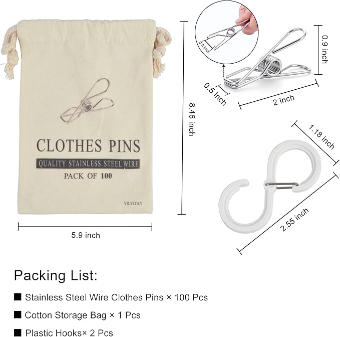 100 Pcs Clothespins Laundry Chip Clips - Durable Stainless Steel Clothes Pins,Heavy Duty Clamp Metal Wire Clothes Pegs with One Storage Bag & 2 Hooks,for Outdoor Clothesline Home Kitchen Office