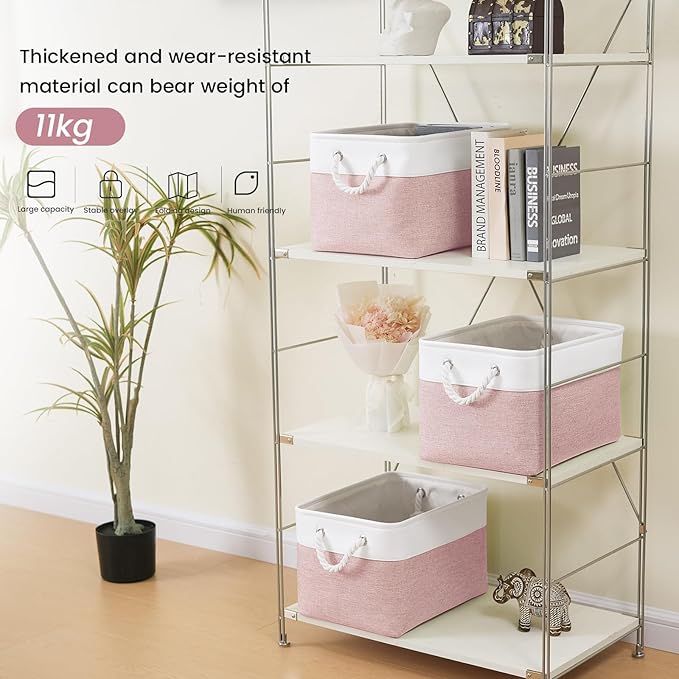 VQRTEXA Large Storage Baskets - 15x11x10 inch Storage Bins for Shelves and Closet Organizing, Foldable Fabric Bin for Home Organization Clothes and Laundry (6-Pack, White&Pink)