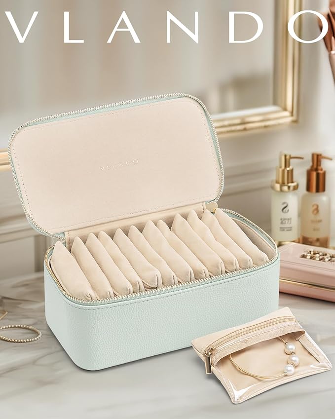 Vlando Jewelry Organizer with 12 Velvet Jewelry Bags, Travel Jewelry Case for Girls, Premium Petal Hardware Jewelry Box for Necklaces, Rings, Earrings, Bags, Birthday, Christmas Gifts for Self - Mint Green