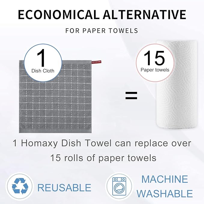 Homaxy 100% Cotton Terry Kitchen Dish Cloths, Ultra Soft and Absorbent Dish Towels for Kitchen, Suitable for Drying and Washing Dishes, 8 Pack, 12 x 12 Inches, Grey
