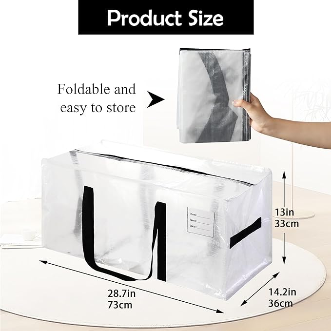 6 Pack Heavy Duty Extra Large Moving Bags with Black Handles, Waterproof Foldable Storage Totes, Clothing Storage Bags, Packing Moving Boxes for College Supplies & Seasonal Storage, Clear
