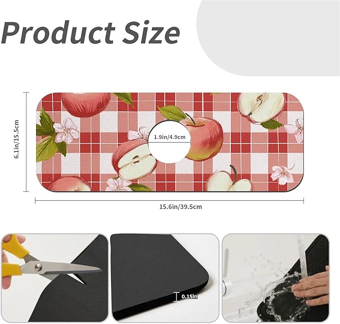 Kitchen Sink Splash Guard, Apple-on-a-Checkered Faucet Mat Sink Gadgets - Super Absorbent Fast Drying Mat Drip Catcher for Kitchen, Bathroom, Sink Mat, Dish Drying Mat, Bathroom (15" X 5.5")
