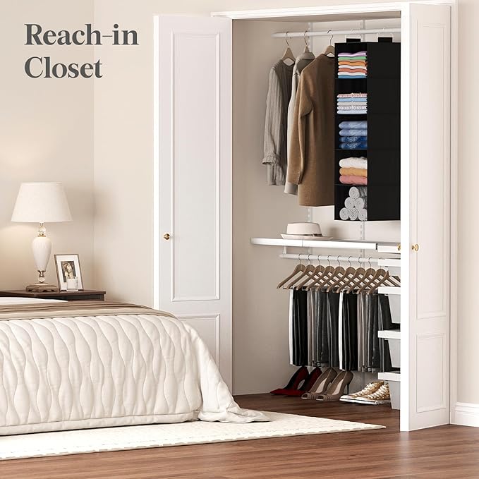 Lifewit 5 Tier Hanging Closet Organizer and Storage for Shelves, Foldable Clothes Storage Shelf with 2 Sturdy Hooks for Clothing Organization, Dorm Room Essentials for Guys, Black