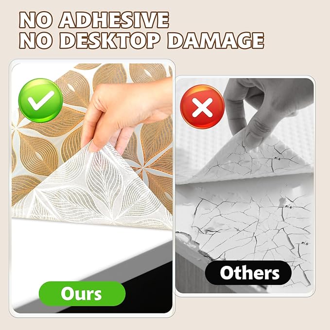 Drawer and Shelf Liner for Kitchen Cabinet,Non-Adhesive Waterproof Drawer Liner for Dresser & Bathroom Vanities with Adhesive Dots & Cutting Tool(12 in X 20 Ft Gold Leaf Pattern)