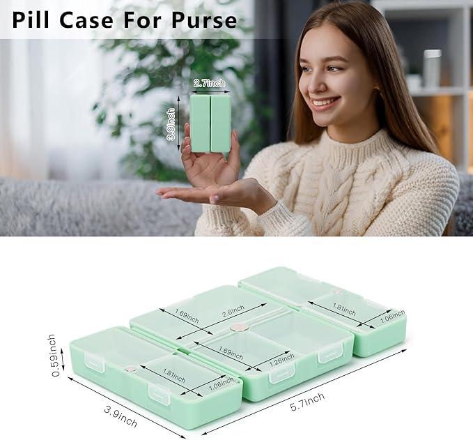 FYY Daily Pill Organizer, 7 Compartments Portable Pill Case Travel Pill Organizer,[Folding Design] Pill Box for Purse Pocket to Hold Vitamins,Cod Liver Oil,Supplements and Medication-Green