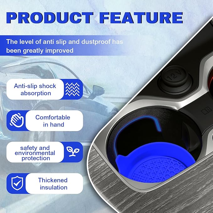 4PCS Car Cup Holder Coaster, Silicone Non-Slip Vehicle Insert Water Bottle Mat, Universal Insulation Drink Cup Pad Decor for SUV/Sedan/Truck, Automotive Interior Accessories (Blue)