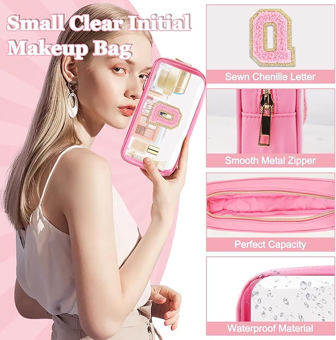 Small Clear Personalized Initial Makeup Bag, Preppy Nylon A-Z Chenille Letter Patch Makeup Organizer TSA Approved Travel Toiletry Bag,Waterproof Zip Beach Cosmetic Pouch Purse for Women(Pink-Pink Q)