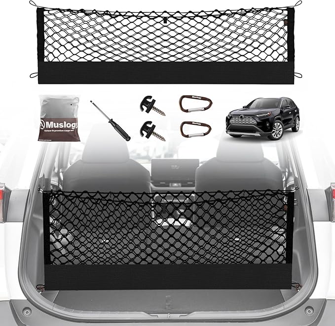 Muslogy Envelope Style Trunk Cargo Net Compatible with Toyota RAV4 2019-2024 2025 Accessories Custom Fit Trunk Organizer Upgraded Storage Luggage Net with Metal Hooks