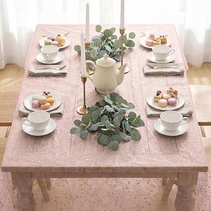 Horaldaily Pink Gold Gauze Tablecloth 60x84 Inch Rectangular, Golden Sequin Glitter Metallic Foil, Sheer Tulle Cheesecloth for Wedding Baby Shower Ceremony Birthday
