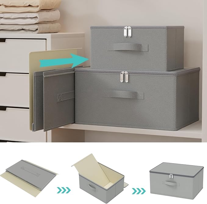 Storage Bins with Zipper, Cube Organizer Basket with Lid, Collapsible Stackable Closet Boxes, for Home and Bedroom, 4 Pack, Grey, 15.7 x 11.8 x 7.9 In, XSNY16GL-4