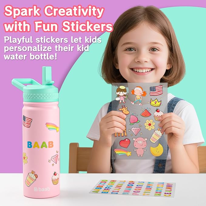 baab 20oz Kids Water Bottle, Insulated Water Bottle with Straw & Stickers, 18/8 Stainless Steel Vacuum Leakproof Kids Water Straw Cup for School, Perfect for Boy Girl (Pink+Purple, 2 Pack)