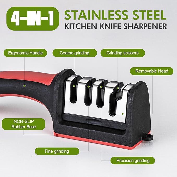 Professional 4-in-1 Knife Sharpener with Tungsten Steel & Ceramic Slots, Manual Sharpener for Chef Knives, Scissors & Straight Edge Blades - Home Kitchen Tool