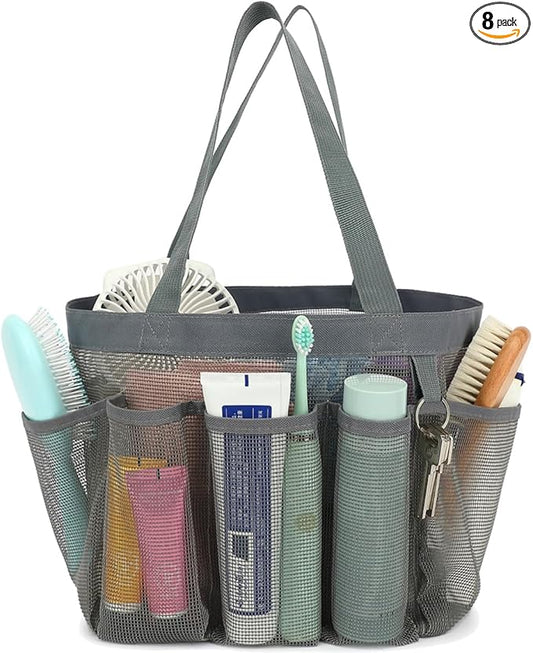 Fammart Mesh Shower Caddy Portable for College Dorm Room Essentials, 8-Pocket Large Shower Basket Tote Bag with 2 Handles for Toiletry, Bathroom, Beach, Camp, Gym