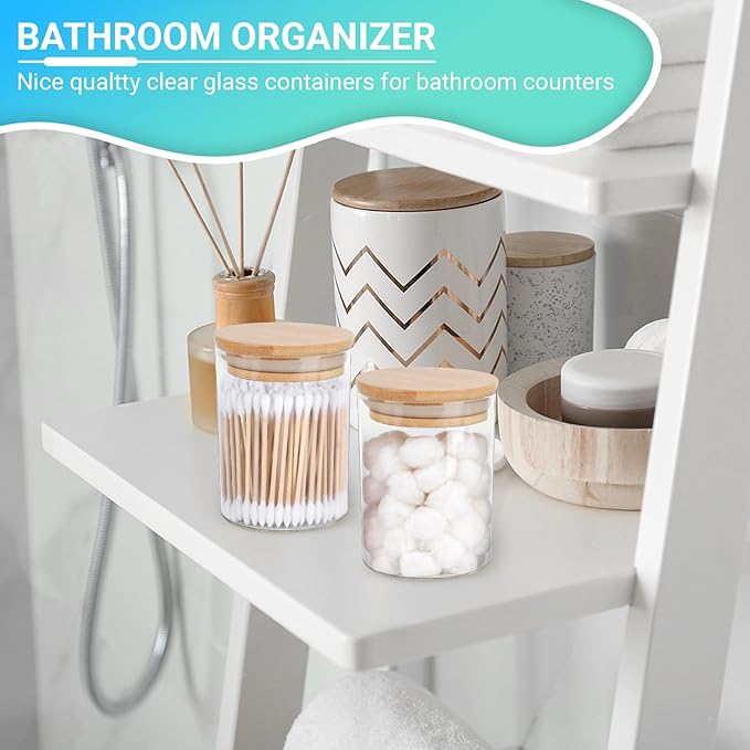 2 Pack Glass Q-tip Holder Dispenser Set - Apothecary Jars with Lids for Vanity Makeup Organizer - Bathroom Canister Storage Organizer for Cotton Balls, Swabs, Round Pads, Floss