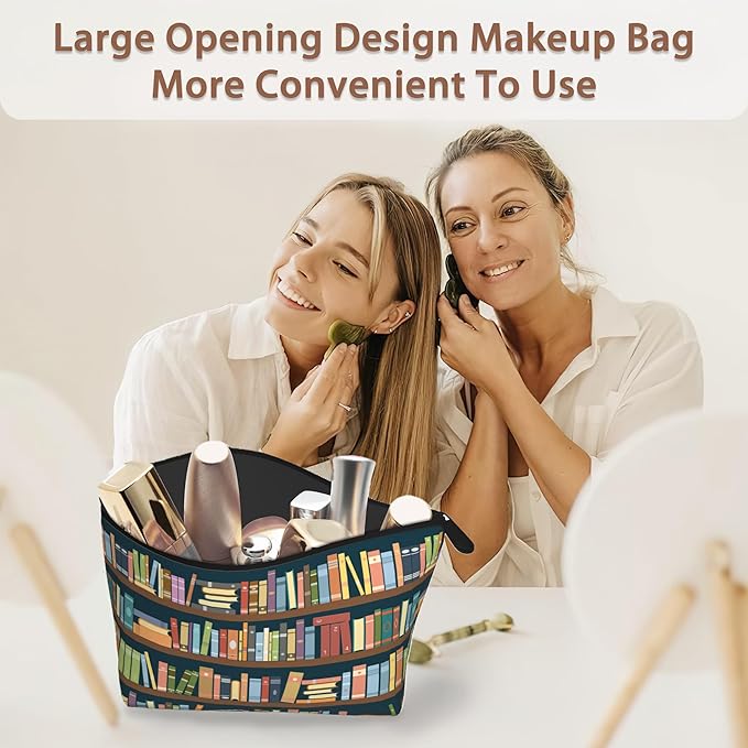 Vintage Bookshelves Makeup Bag Travel Cosmetic Bag for Women,Library Books Small Make up Pouch Travel Bags for Toiletries Aesthetic Accessories Waterproof Gifts