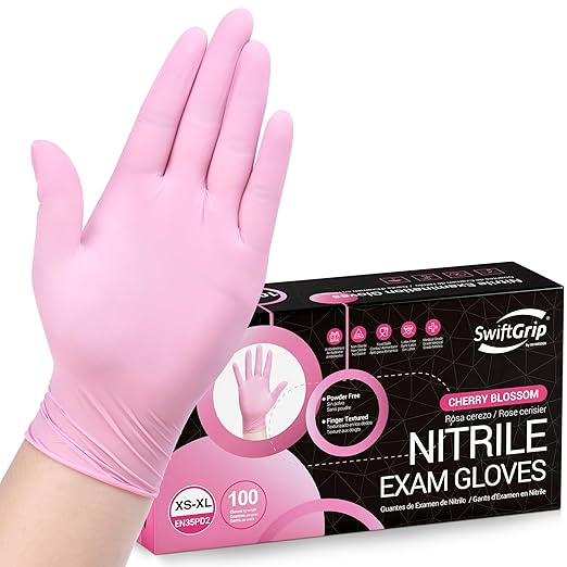 SwiftGrip Pink Nitrile Gloves, 3-mil, Industrial Gloves Disposable Latex Free, for Cleaning & Esthetician, Rubber Powder-Free, 100-ct Box (Large)
