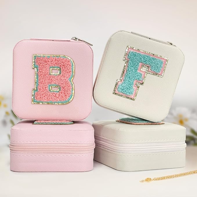 SANDJEST Personalized Jewelry Box, Pink Travel Jewelry Box with Initial F, Small Monogrammed Jewelry Case Organizer for Girls Women Teen Kids, Mini Travel Essentials Gifts for Birthday Christmas