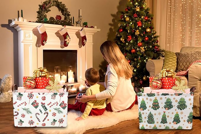 Rectangle Christmas Basket,Candy Storage Basket with Handles,Kids Gift Storage Box,Cute Canvas Organizer Bin for Pet,Books Basket,Toys Bin,Gift Baskets(Christmas Tree)