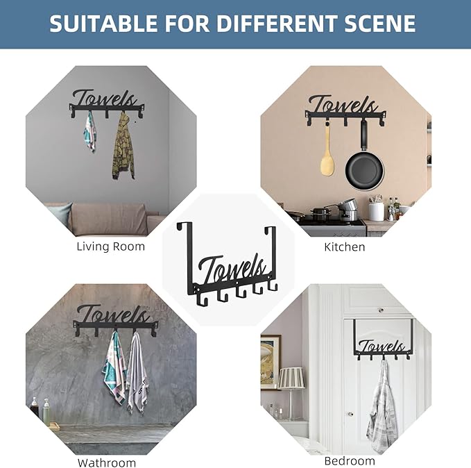 Over The Door Hooks, Towel Rack Towel Hooks for Bathroom, Towel Holder for Hanging Heavy Duty, Door Rack Over Door Hanger with 5 Coat Hooks for Bedroom Bathroom Kitchen, Black
