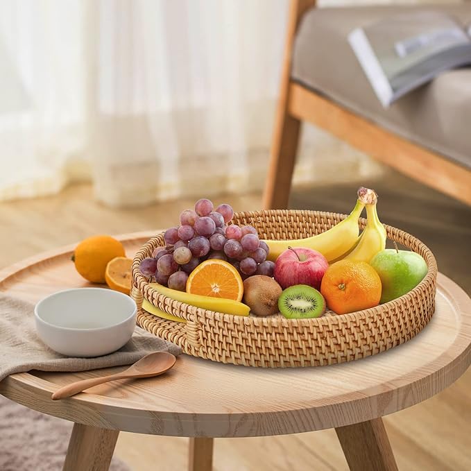 Round Rattan Serving Tray with Handles, 2 Hand Woven Basket, Home Decor Organizer Tray for Breakfast, Tea, Snack, Fruit, Coffee, Storage (Large + Medium) (14.17inchX2.3inch+11.9inchX1.7inch