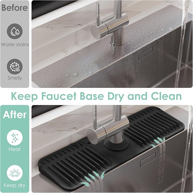 17.7 Inch Silicone Faucet Mat for Kitchen Sink Splash Guard - 7° Slope Water Draining Mat with Fasten Button for Bathroom Area (Black, 17.7''x5.5'')