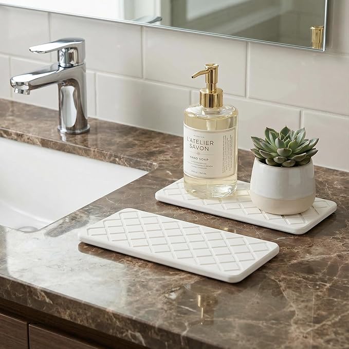 Small Fast Quick Dry Bathroom Counter Tray Water Absorbing Stone Trays for Sink Soap Dish Dispenser Sponge Holder Diatomite Stone Drying Mat for Kitchen Sink Tray White Bathroom Vanity Organizer Decor