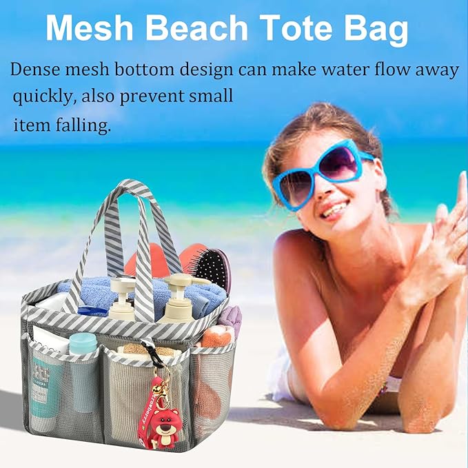 Haundry Mesh Shower Caddy Bag, Portable College Dorm Bathroom Tote, Quick Dry Holder for Camp Gym, 8 Basket Pockets with Key Hook and 2 Oxford Handles, Gray