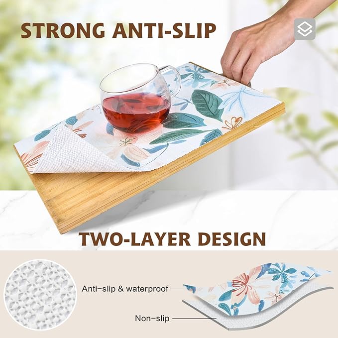 Drawer and Shelf Liner for Kitchen Cabinet,Non Adhesive Anti-Slip Double Layer PVC Waterproof Easy Clean for Dresser Bathroom Refrigerator with Knife Tape Measure(12 in X 10 Ft Colored Flowers)