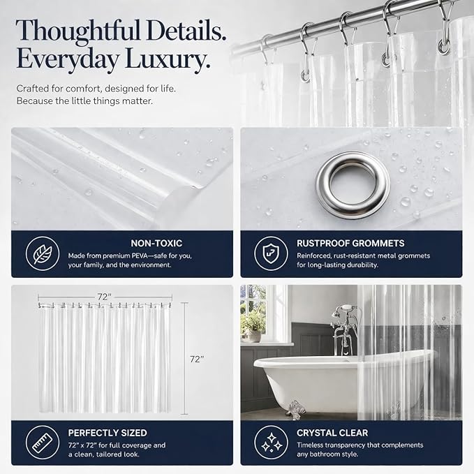 EHZNZIE Frosted Shower Curtain Liner 72x72, PEVA Waterproof Bath Curtain, No Chemical Smell, 3 Weighted Magnets, Durable with Rustproof Metal Grommets