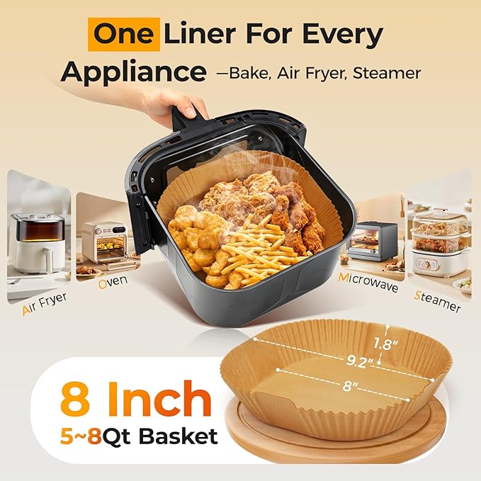 Vailnd Air Fryer Liners Disposable, 305 PCS Unbleached Air Fryer Paper Liners, 8" Square Airfryer Liners for 5-8 QT Airfryer Basket, Non-stick & Oil-Proof Parchment Paper for Oven, Pan