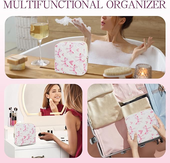 Small Floral Quilted Makeup Bag, Coquette Aesthetic Travel Toiletry Organizer for Women, Lightweight Cotton Cosmetic Pouch