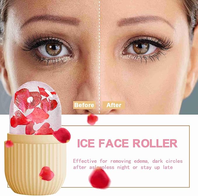 XHJRI Ice Face Roller Massager, Ice Cube Roller for Face, Eyes and Neck Naturally Conditioning and Skin Care, De-Puff Eye Bags, Reduce Migraine Pain, Reusable Massage Silicone Ice Mold (Beige)