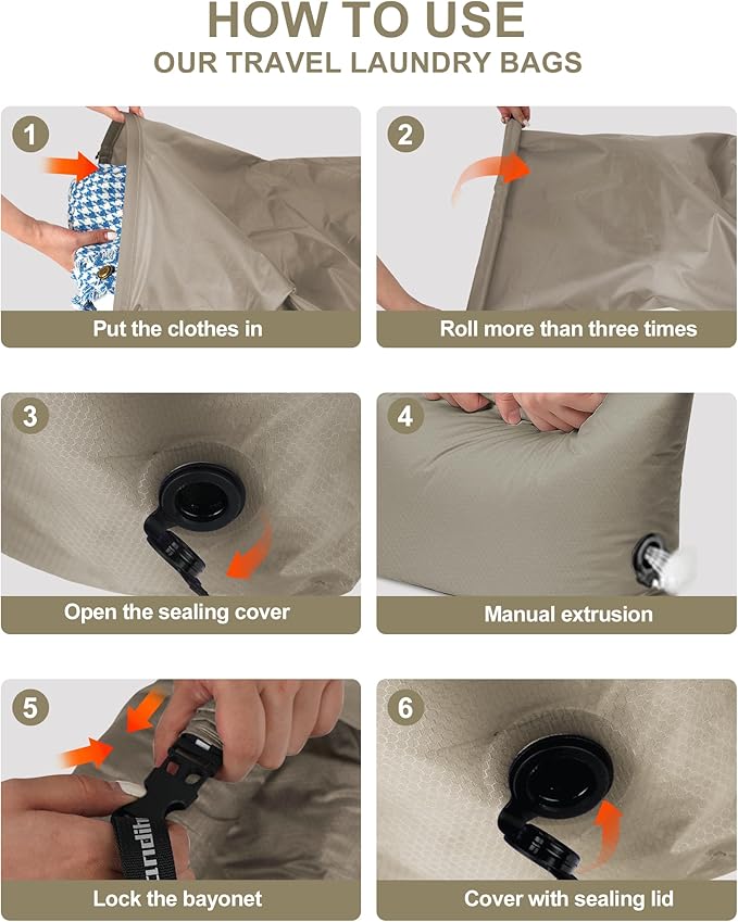 Travel Laundry Bag, Pump-Free Vacuum Compression Dirty Clothes Bag, Medium Reusable Waterproof & Washable Laundry Bag, Wet and Dry Bag, Ideal for Suitcases, Laundromats (1 Pcs) Gray