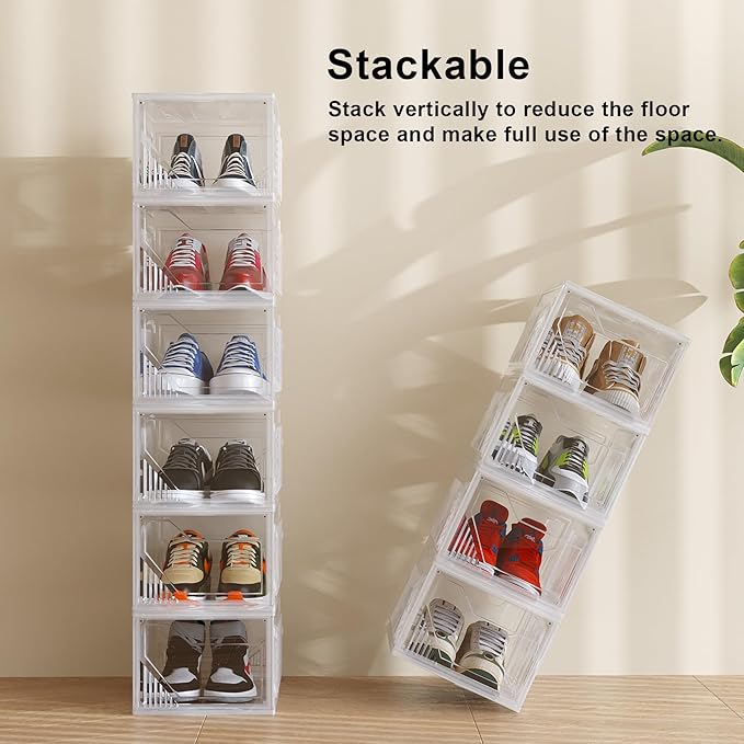 AWTATOS Shoe Boxes, 6 Pack Shoe Storage Organizers, Plastic Stackable Shoe Rack, Sneaker Containers, Toy Storage Bins for Entryway, Closet, Under Bed, Clear
