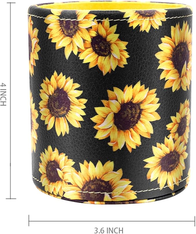 WAVEYU Pen Holder, Pencil Cup Desk for Women Girls, Luxury Makeup Brush Holder Large Pu Leather Multi-Functional Organizer Cup for Office, Classroom, Home, Sunflower