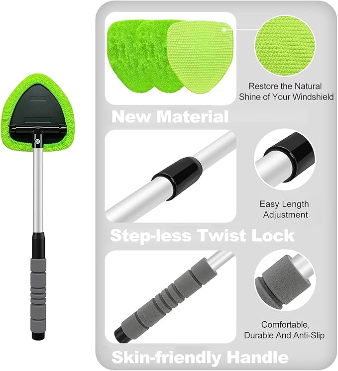XINDELL Windshield Cleaner Tool – Car Interior Window Cleaning Kit with Extendable Handle & 4 Microfiber Pads, Auto Wiper Inside Windshield Brush for Car & Home Windows