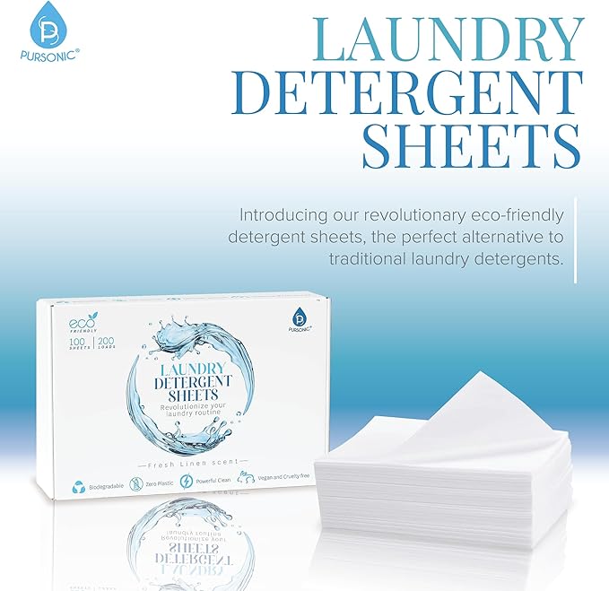 Pursonic Eco Laundry Detergent Sheets - 100 Sheet (200 Loads) Natural Zero Plastic Laundry Sheets with Powerful Cleaning Power - Travel Essentials, Quick-Dissolving & Mess-Free (Fresh Linen)