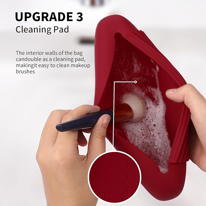 AGIKET 2 IN 1 Silicone Makeup Brush Holder with Beauty Make Up Sponge Holder Case：Soft Portable Cosmetic Face Brushes Holder with Upgrade Anti-Fall Out Magnetic Closure - Red