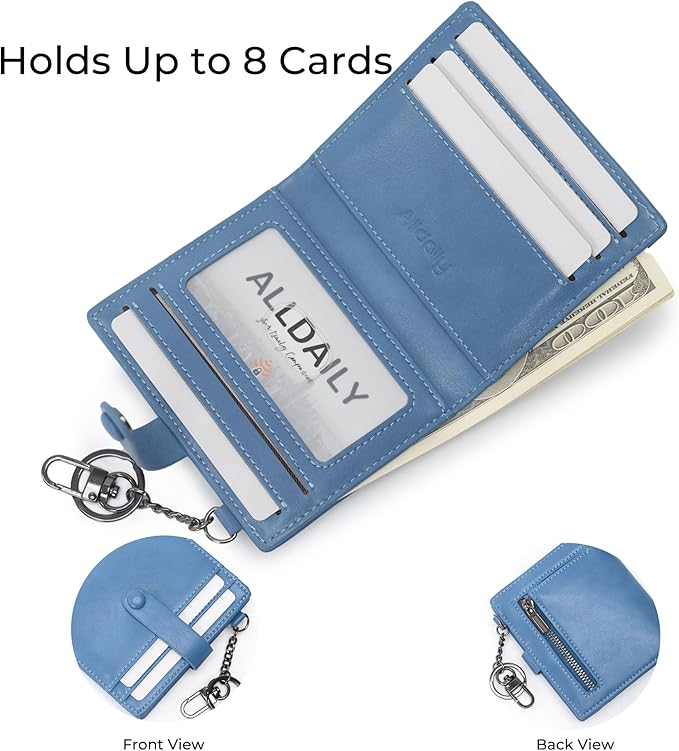 Alldaily Slim Keychain Wallet for Women, RFID Blocking Small Bifold Travel Credit Card Holder (Blue)