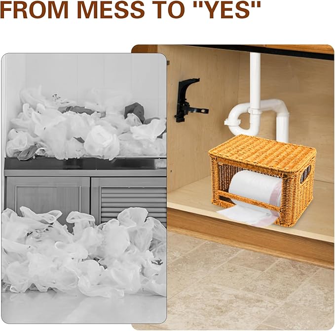 Large Trash Bag Dispenser, Rattan Garbage Bag Holder & Roll Organizer, Extra Large Trash Bag Storage for 13-33 Gallon Bags | Under Sink Organizer, Pantry & Kitchen Basket