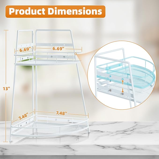 VITVITI 2 Tier Corner Bathroom Counter Organizer, Metal Bathroom Countertop Organizer Shelf Storage, Bath Room Sink Makeup Organizers for Vanity Perfume Skincare with Hooks, White